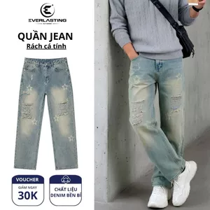 Quần jean nam ống suông rách in ngôi sao - Quần baggy streetwear form rộng cá tính