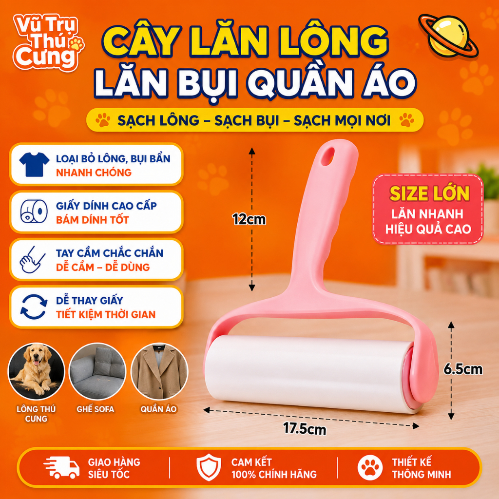 Cây Lăn Lông Chó Mèo, Lăn Bụi Quần Áo Tiện Lợi Size 16cm