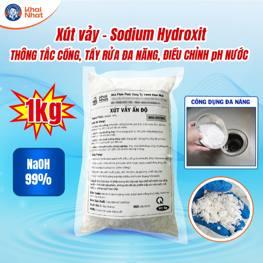 Xút Vảy Ấn Độ NaOH 99% Khai Nhật - Thông Tắc Cống, Tẩy Dầu Mỡ, Điều Chỉnh pH (Gói 1kg)