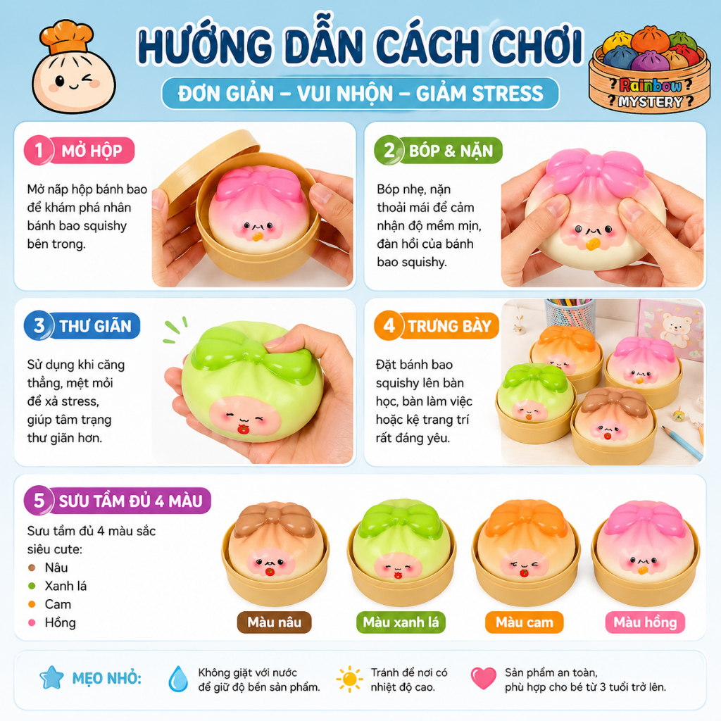 Bánh Bao Squishy Mochi Siêu Mềm Đàn Hồi Chậm Trong Hộp – Đồ Chơi Giảm Stress Trang Trí Bàn Học