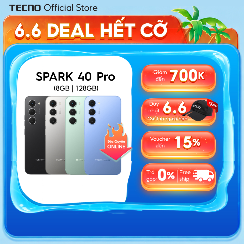 Điện thoại TECNO SPARK 40 PRO (8+8)GB/128GB - Màn hình AMOLED 1.5K & 144Hz | Mỏng 6.69mm | 5200mAh sạc 45W