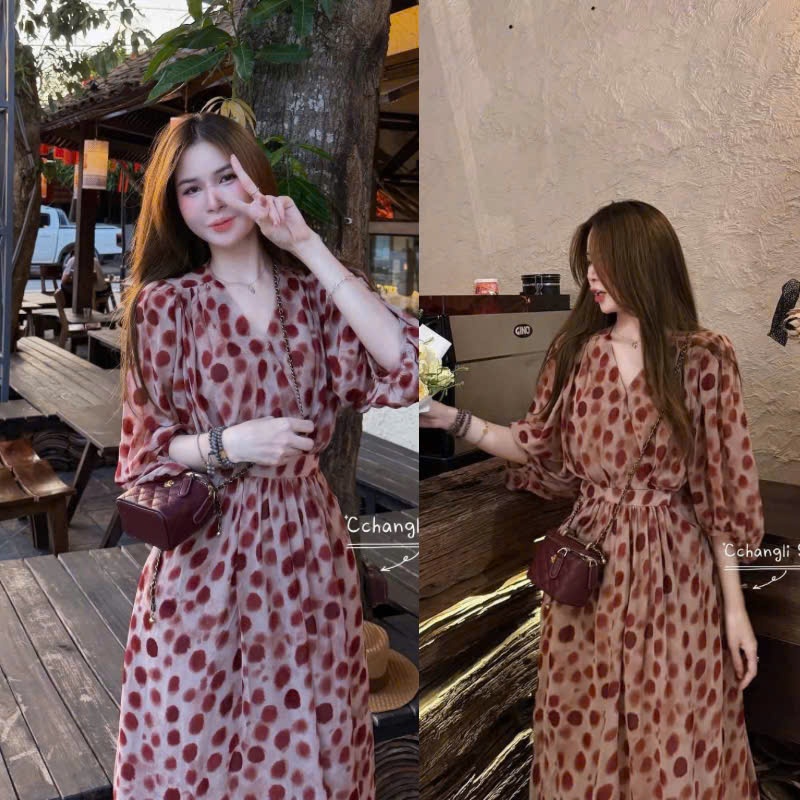 NH CLOTHER -Váy vintage họa tiết chấm loang màu đỏ  dáng dài xòe nhẹ