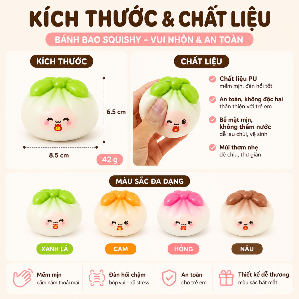 Bánh Bao Squishy Mochi Siêu Mềm Đàn Hồi Chậm Trong Hộp – Đồ Chơi Giảm Stress Trang Trí Bàn Học