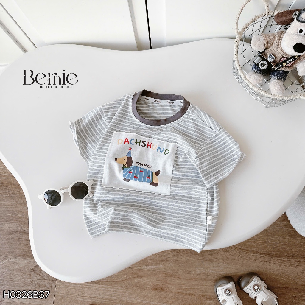 Bộ cotton kẻ in hình chú chó tính nghịch, bô thun áo cotton quần kaki cá tính cho bé trai
