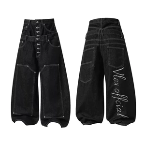 Quần ống rộng denim hai cạp đấp vải phong cách mới hot trend