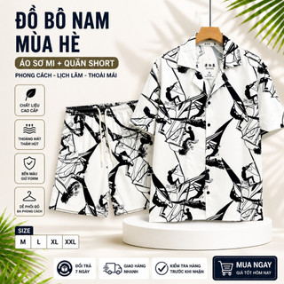 bộ áo sơ mi nam cộc tay chất vải lụa in họa tiết siêu đẹp, bộ quần áo ngắn tay dáng suông thoáng mát N188