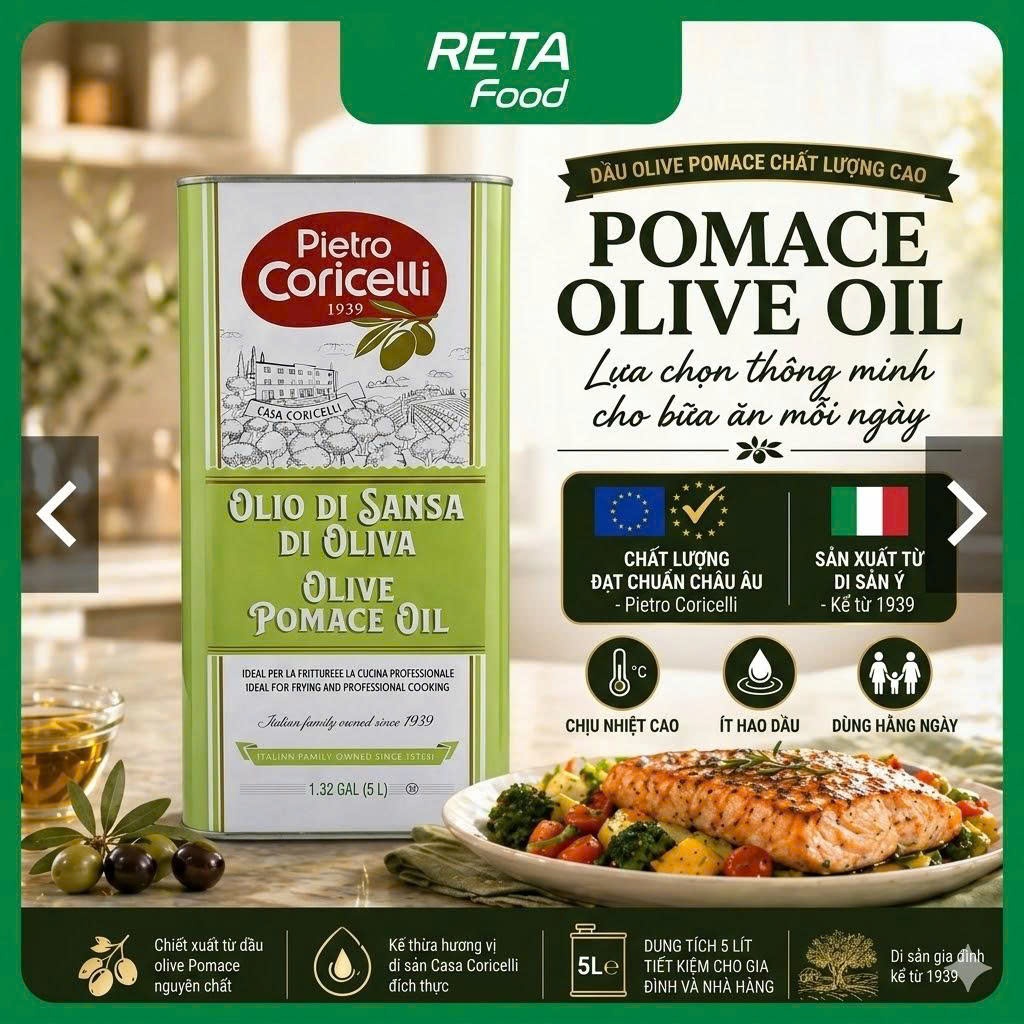 Dầu Oliu Pietro Coricelli Pomace Olive Oil 5L - Dùng Chiên Xào Nấu Ăn Hằng Ngày - Nhập Khẩu từ Ý - [Date 09.2027]