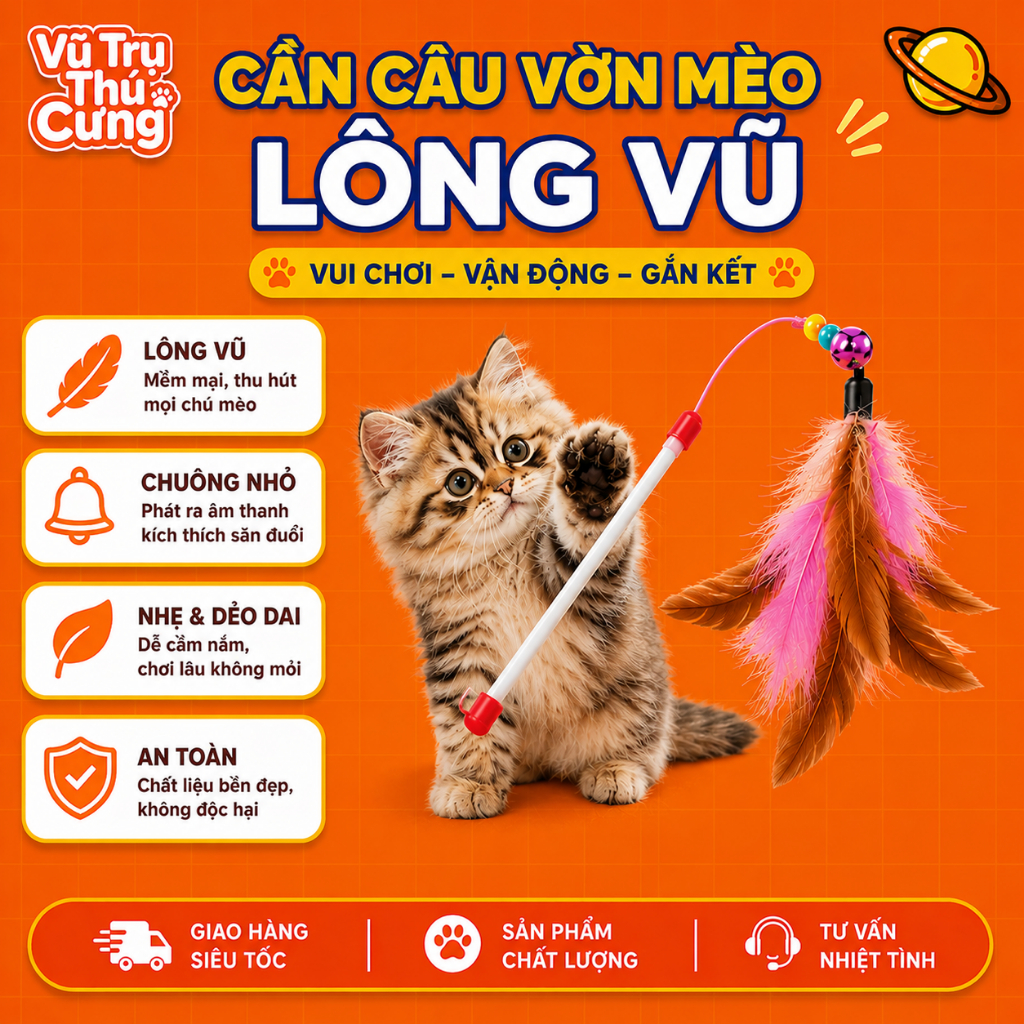 Đồ Chơi Cần Câu Vờn Mèo Lông Vũ Có Chuông Tương Tác