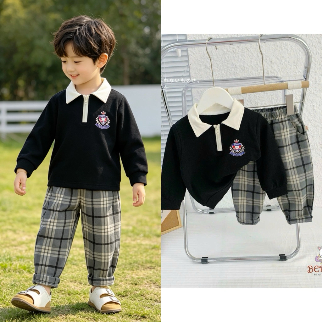 Áo và bộ đồ bé trai dài tay thu đông Bernie cho bé 9–24kg (size 80–130), set quần áo trẻ em ấm áp mùa lạnh