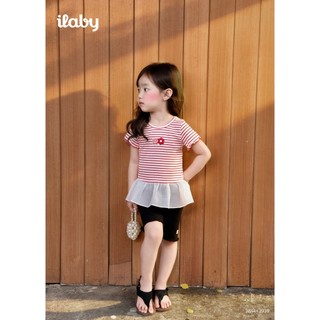 Áo thun bé gái ILABY HCM cổ tròn tăm kẻ sọc đỏ, dáng baby doll phối bèo voan trắng điệu đà [3844]