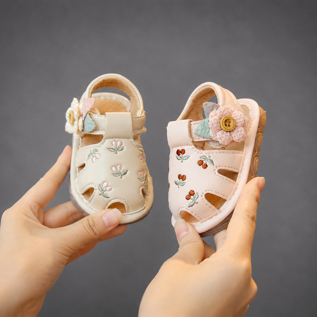 Dép Bé Gái Tập Đi Kidudids Hoa Nổi Chống Trượt Quai Hậu Mềm Êm Cho Bé Gái Size 16-20
