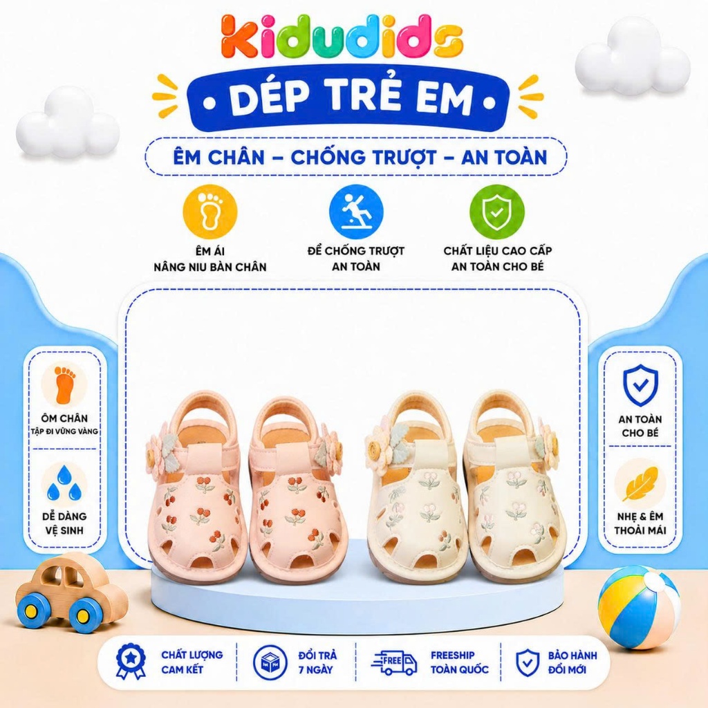 Dép Bé Gái Tập Đi Kidudids Hoa Nổi Chống Trượt Quai Hậu Mềm Êm Cho Bé Gái Size 16-20