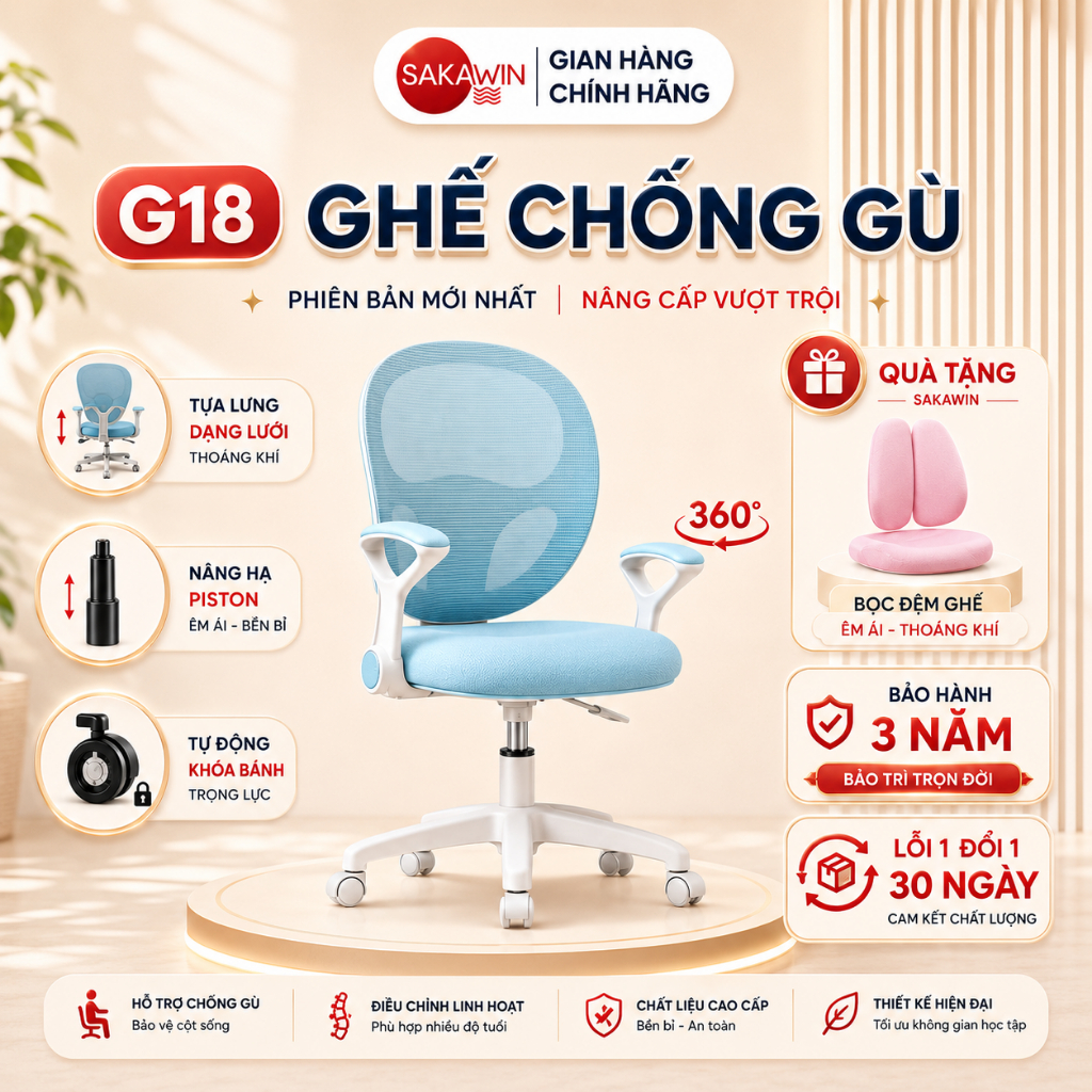 [ĐẶC BIỆT] Ghế chống gù thông minh Sakawin G18 Nâng hạ Piston có khoá bánh tự động Cho học sinh từ 3 đến 18 tuổi