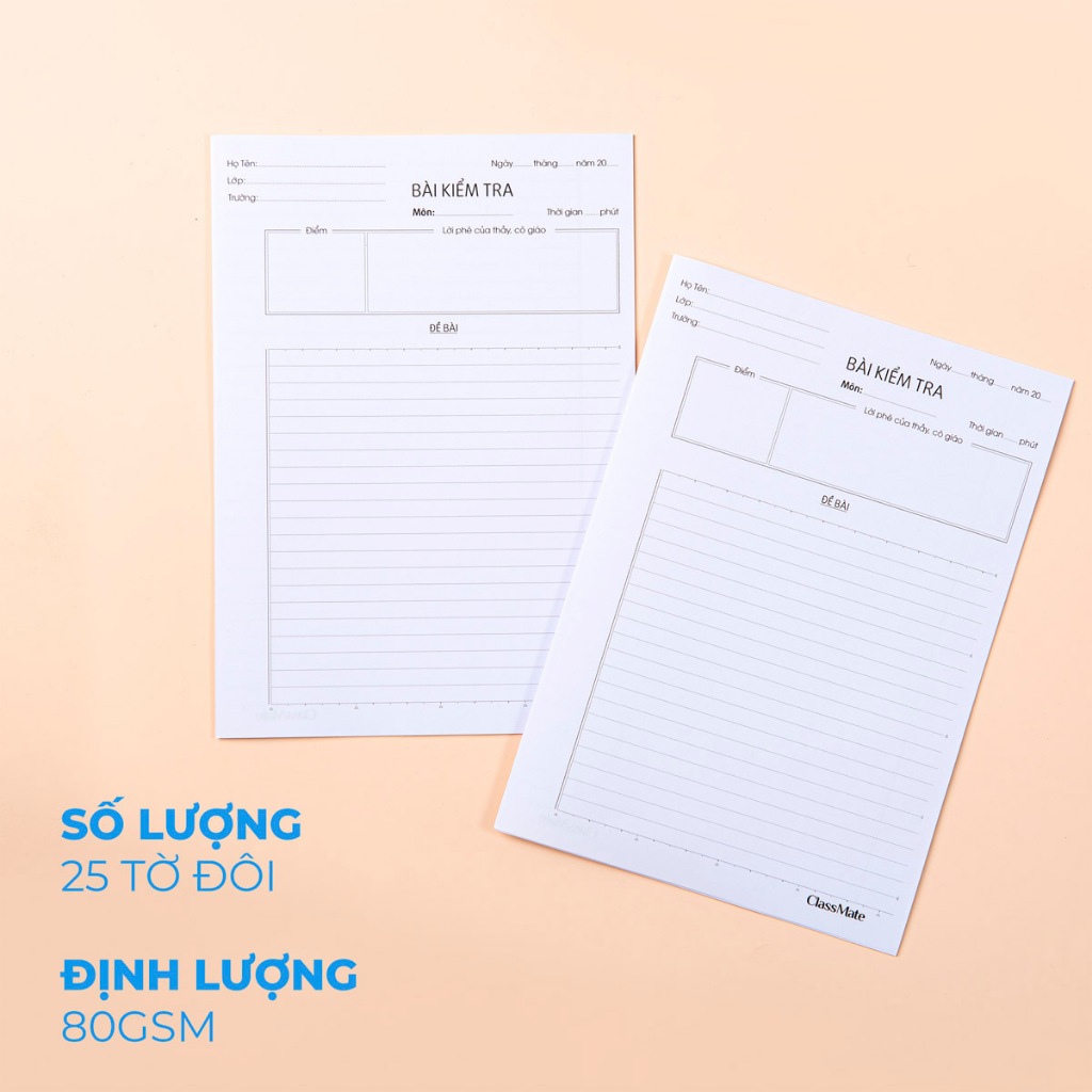Giấy Kiểm Tra Cấp 2, Cấp 3 CLASSMATE Giấy Kẻ Ngang 80GSM Bao Đậu, Giấy Mịn Viết Êm Tay, Tập Kiểm Tra 25 Tờ Đôi CL-TP105