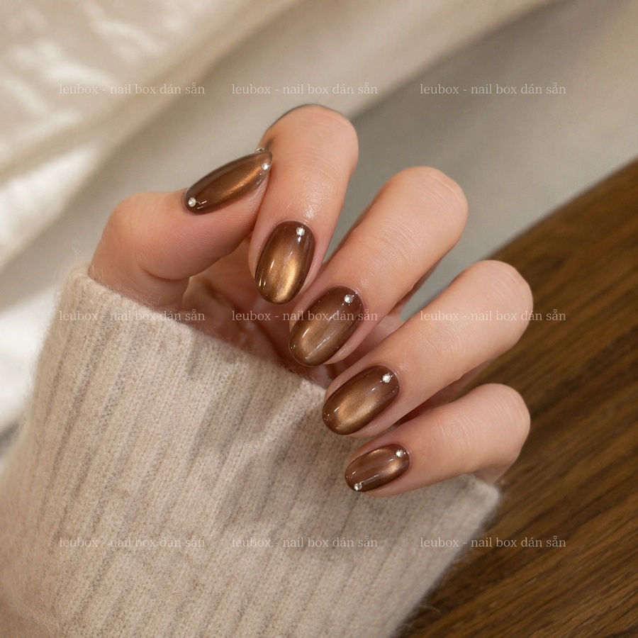 [T02] Nailbox nâu mắt mèo ánh trăng, móng úp form tròn ngắn đơn giản đi học đi làm TẶNG KEO LEUBOX