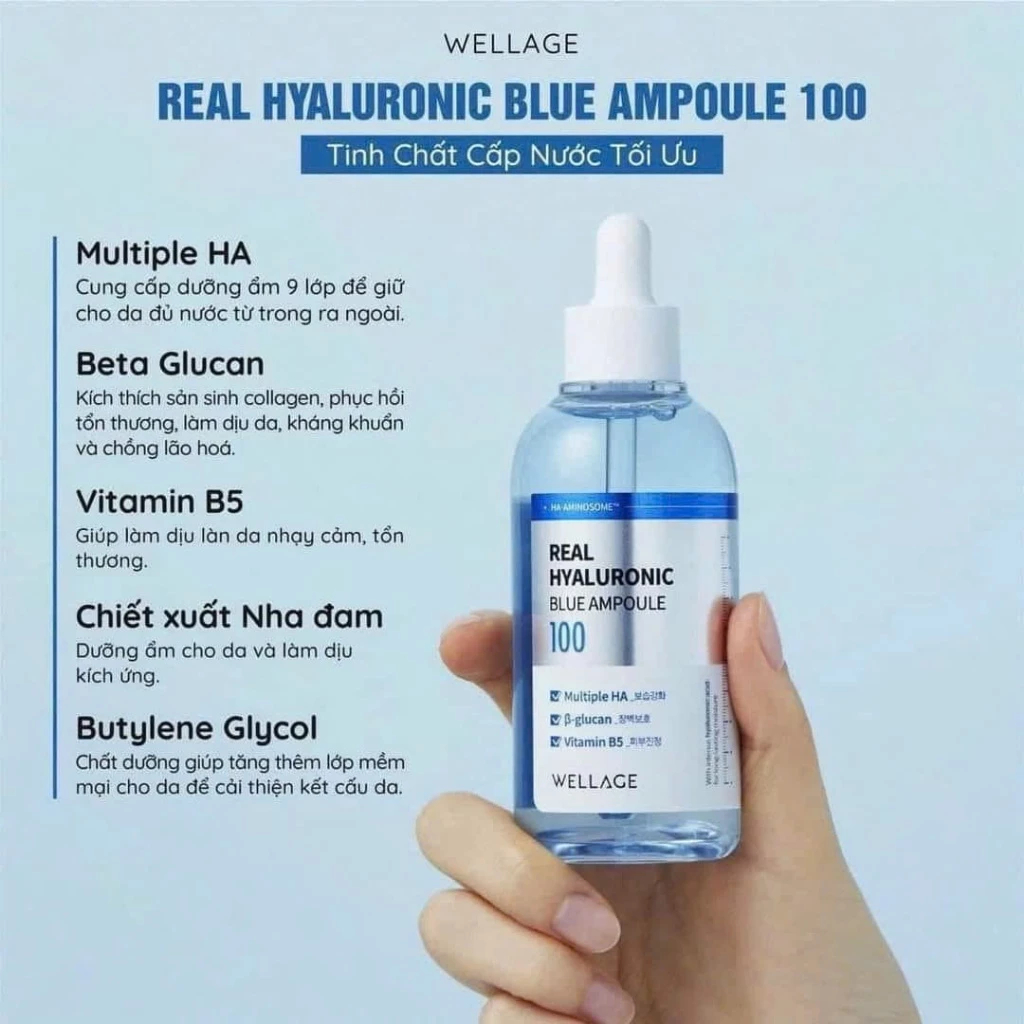 Serum Wellage Real Hyaluronic Blue Ampoule 60ml  Cấp Ẩm, Phục Hồi Da Chuyên Sâu - Ever Queen
