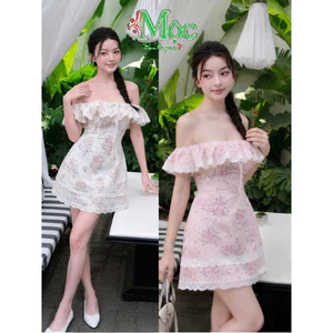 Đầm váy ngắn Xô Thêu hoa nhí cổ bèo trễ vai có lót ngực mềm kèm quần lót rời nữ tính dịu dàng (QC)