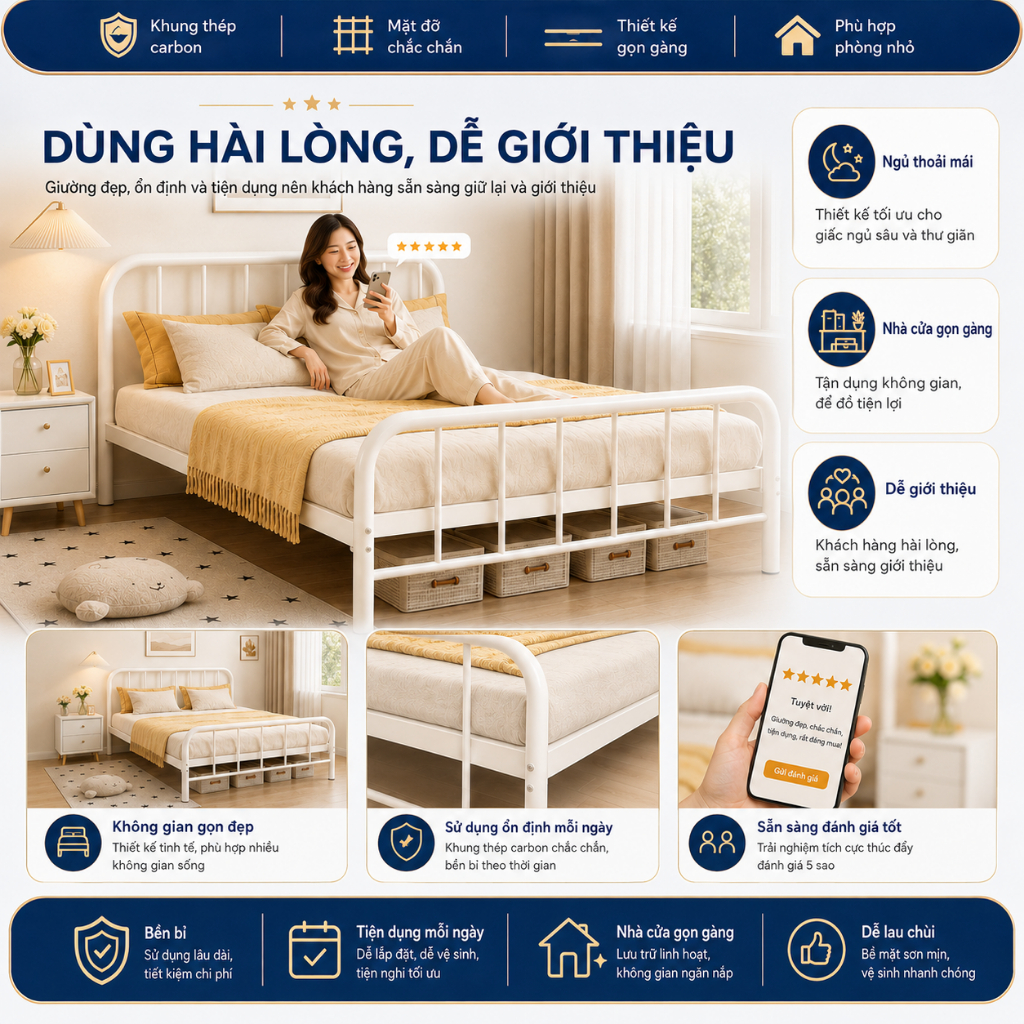 IRONPO Khung Giường Sắt Kim Loại Decor Bắc Âu Hiện Đại Xà Ngang Gia Cường Bản Rộng  Dễ Lắp Ráp