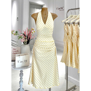 SEP House - Set kẻ sọc áo cổ yếm V cột nơ phối chân váy lửng rút dây hông cột nơ vàng chanh trendy, tôn dáng - Ảnh thật