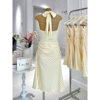 SEP House - Set kẻ sọc áo cổ yếm V cột nơ phối chân váy lửng rút dây hông cột nơ vàng chanh trendy, tôn dáng - Ảnh thật
