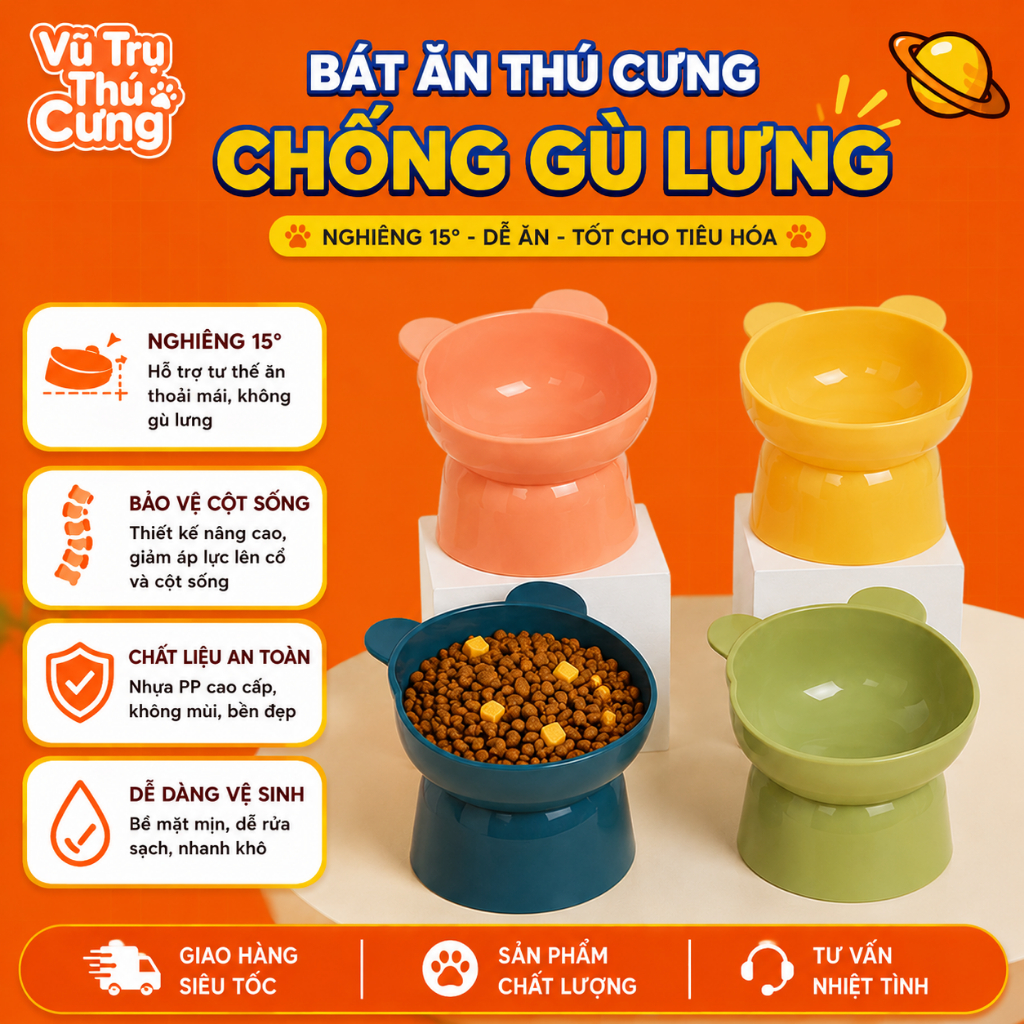 Bát ăn cho chó mèo chống gù lưng, họa tiết tai gấu màu pastel