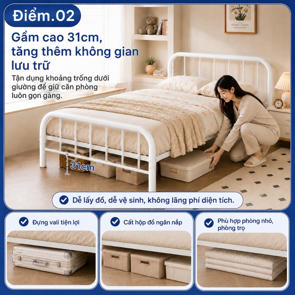 IRONPO Khung Giường Sắt Kim Loại Decor Bắc Âu Hiện Đại Xà Ngang Gia Cường Bản Rộng  Dễ Lắp Ráp