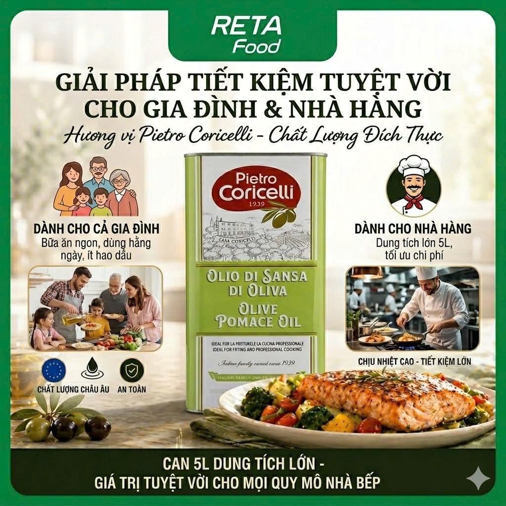 Dầu Oliu Pietro Coricelli Pomace Olive Oil 5L - Dùng Chiên Xào Nấu Ăn Hằng Ngày - Nhập Khẩu từ Ý - [Date 09.2027]