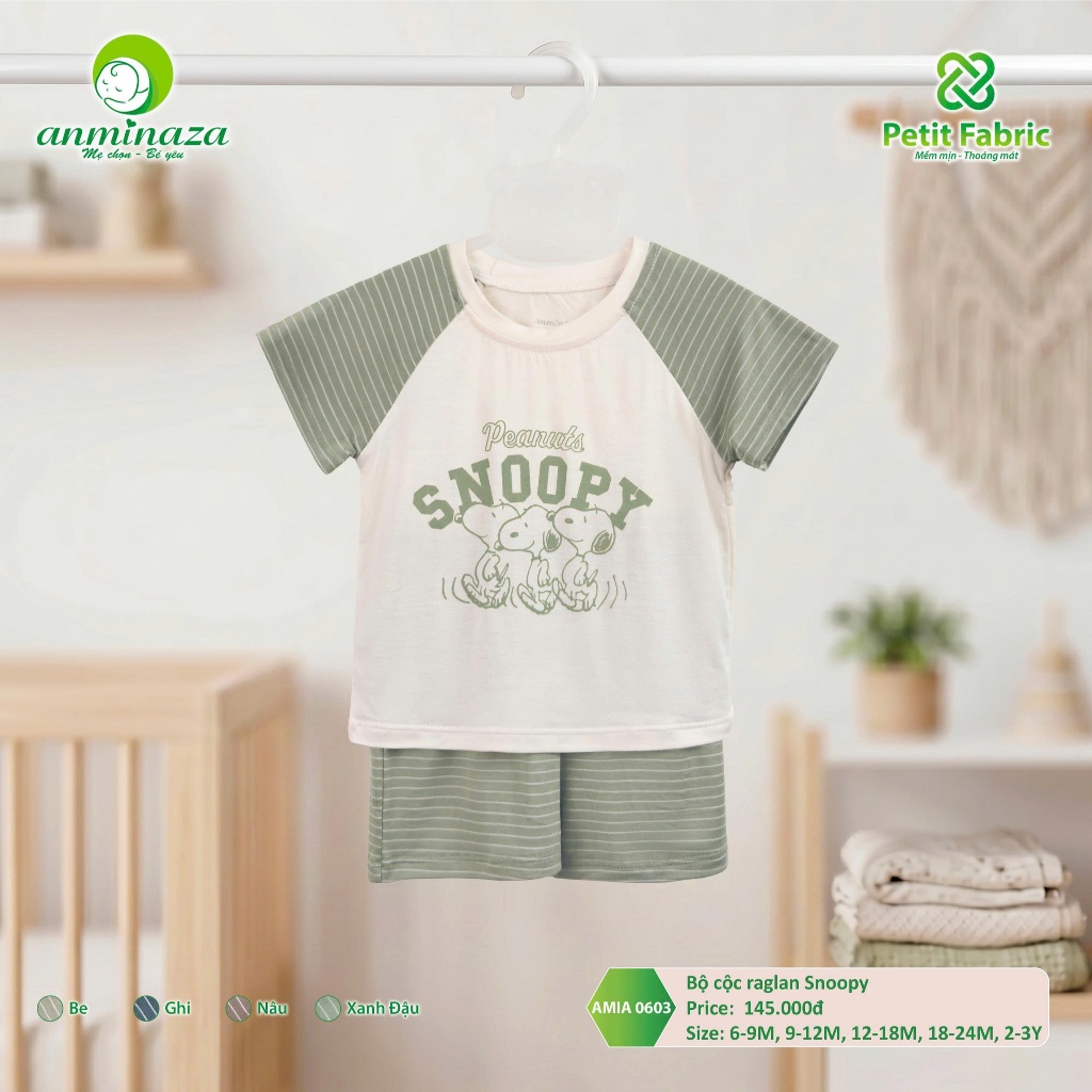 Bộ Cộc Bé Trai Raglan Snoopy Anminaza Vải Sợi Tre Petit Thấm Hút Mồ Hôi Mềm Co Dãn - Hàng Chính Hãng AMI0603