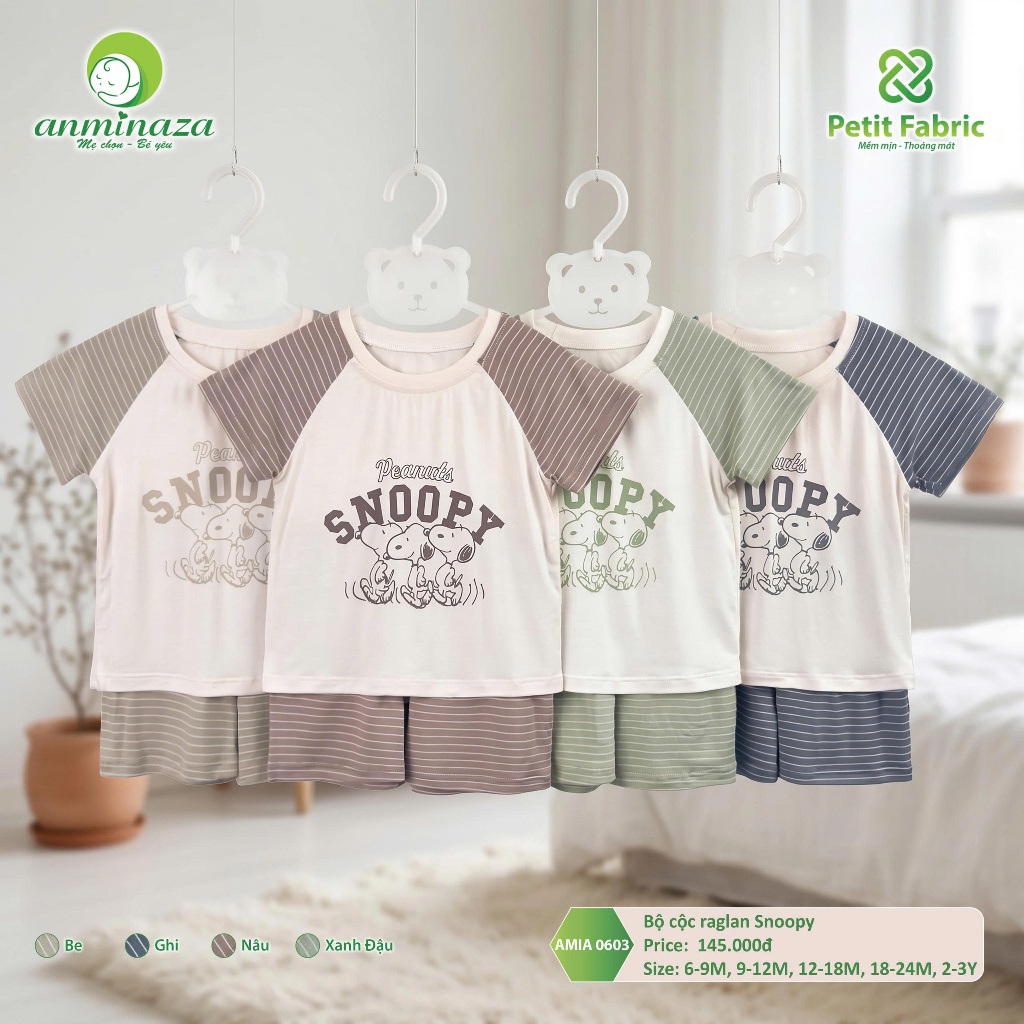 Bộ Cộc Bé Trai Raglan Snoopy Anminaza Vải Sợi Tre Petit Thấm Hút Mồ Hôi Mềm Co Dãn - Hàng Chính Hãng AMI0603