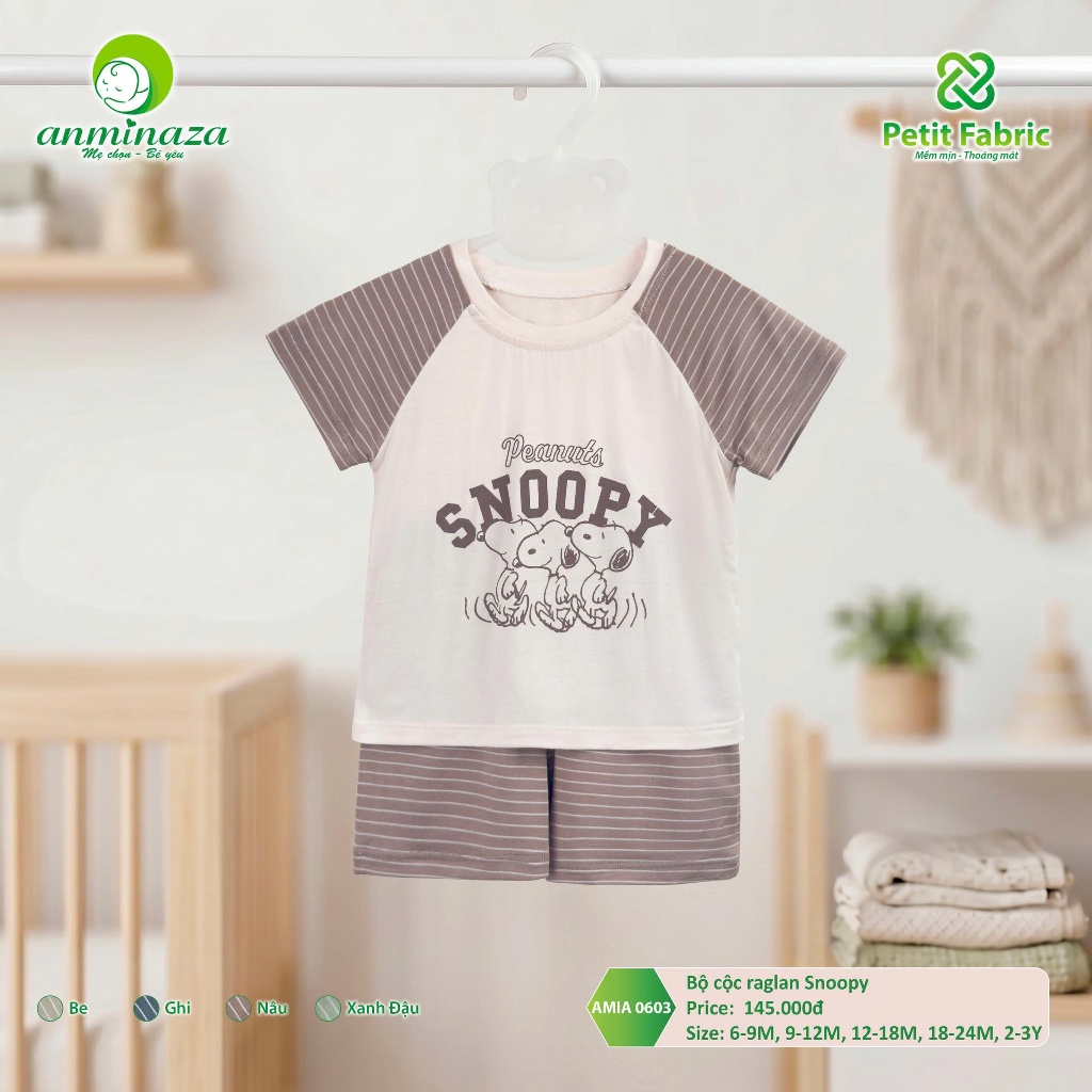Bộ Cộc Bé Trai Raglan Snoopy Anminaza Vải Sợi Tre Petit Thấm Hút Mồ Hôi Mềm Co Dãn - Hàng Chính Hãng AMI0603