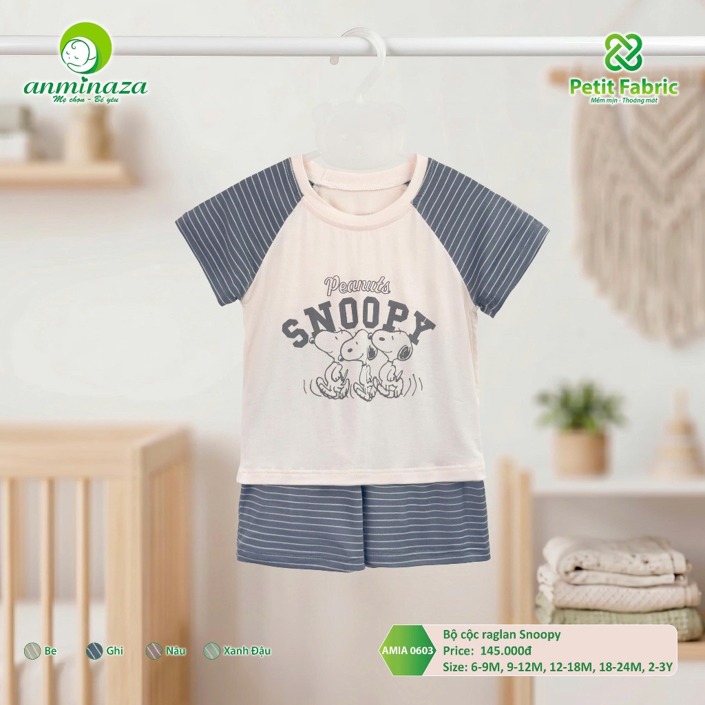 Bộ Cộc Bé Trai Raglan Snoopy Anminaza Vải Sợi Tre Petit Thấm Hút Mồ Hôi Mềm Co Dãn - Hàng Chính Hãng AMI0603