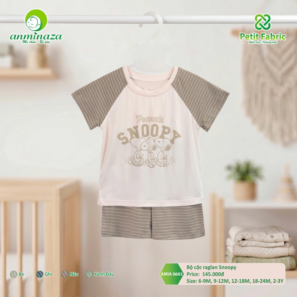 Bộ Cộc Bé Trai Raglan Snoopy Anminaza Vải Sợi Tre Petit Thấm Hút Mồ Hôi Mềm Co Dãn - Hàng Chính Hãng AMI0603