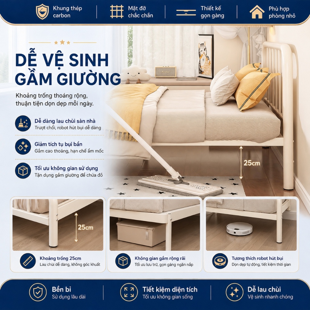 IRONPO Khung Giường Sắt Kim Loại Decor Bắc Âu Hiện Đại Xà Ngang Gia Cường Bản Rộng  Dễ Lắp Ráp