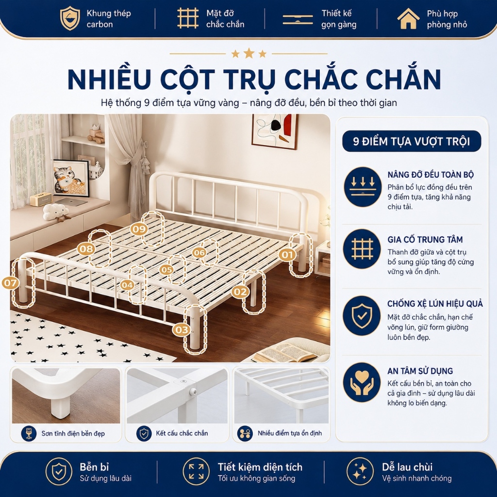 IRONPO Khung Giường Sắt Kim Loại Decor Bắc Âu Hiện Đại Xà Ngang Gia Cường Bản Rộng  Dễ Lắp Ráp