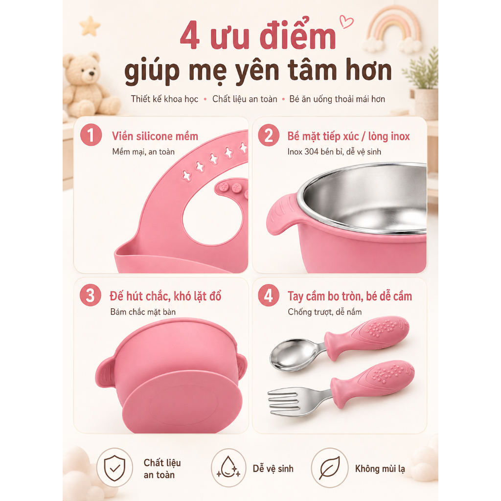 Khay ăn dặm silicon đế hút chân không – Chống đổ, chống trượt, có đế hút không dễ bị đổ – An toàn cho trẻ nhỏ
