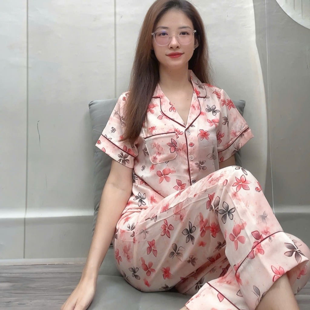 Set bộ pyjama lụa Mango tay ngắn quần dài viền lé sang trọng fom từ 45 đến 78kg