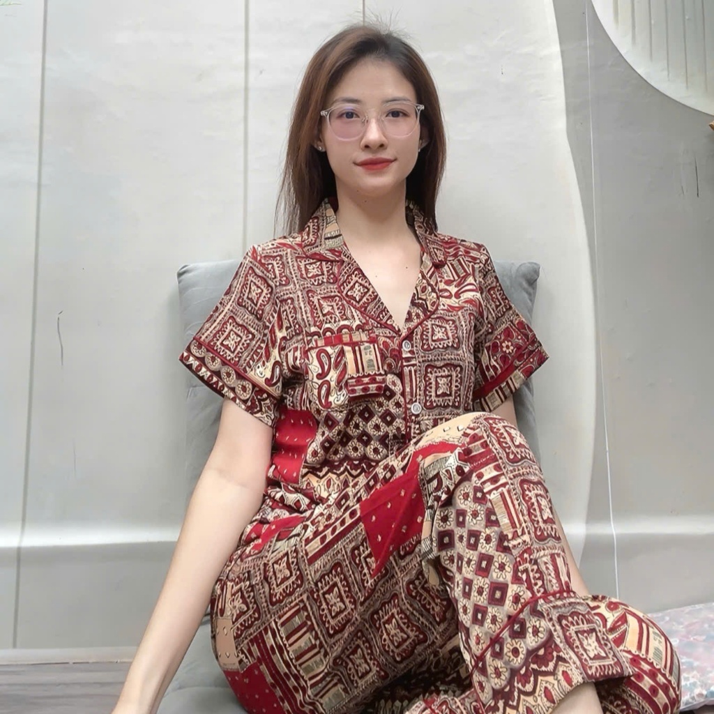 Set bộ pyjama lụa Mango tay ngắn quần dài viền lé sang trọng fom từ 45 đến 78kg