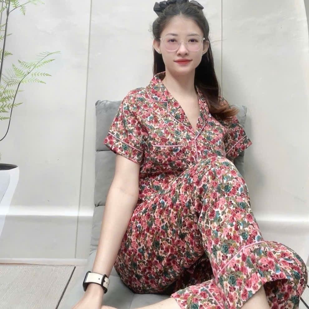 Set bộ pyjama lụa Mango tay ngắn quần dài viền lé sang trọng fom từ 45 đến 78kg