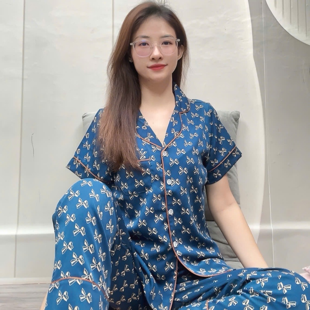 Set bộ pyjama lụa Mango tay ngắn quần dài viền lé sang trọng fom từ 45 đến 78kg