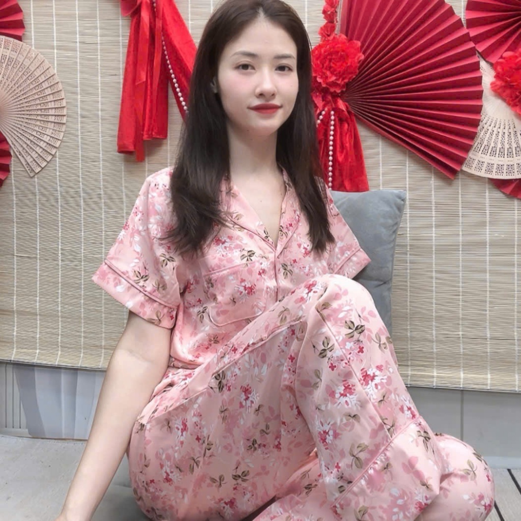 Set bộ pyjama lụa Mango tay ngắn quần dài viền lé sang trọng fom từ 45 đến 78kg