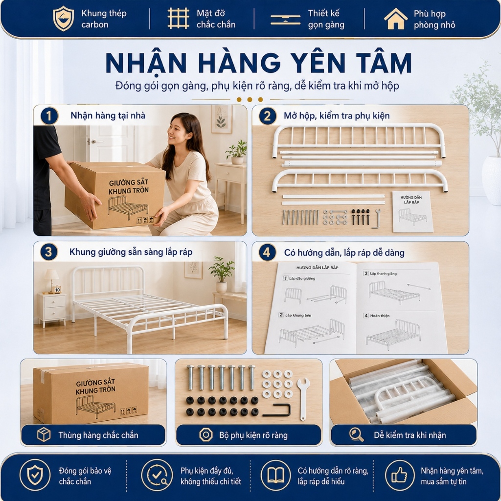 IRONPO Khung Giường Sắt Kim Loại Decor Bắc Âu Hiện Đại Xà Ngang Gia Cường Bản Rộng  Dễ Lắp Ráp