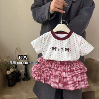 (12-30kg) Set váy bé gái áo kitty + chân váy tầng caro - set bộ hè bé gái