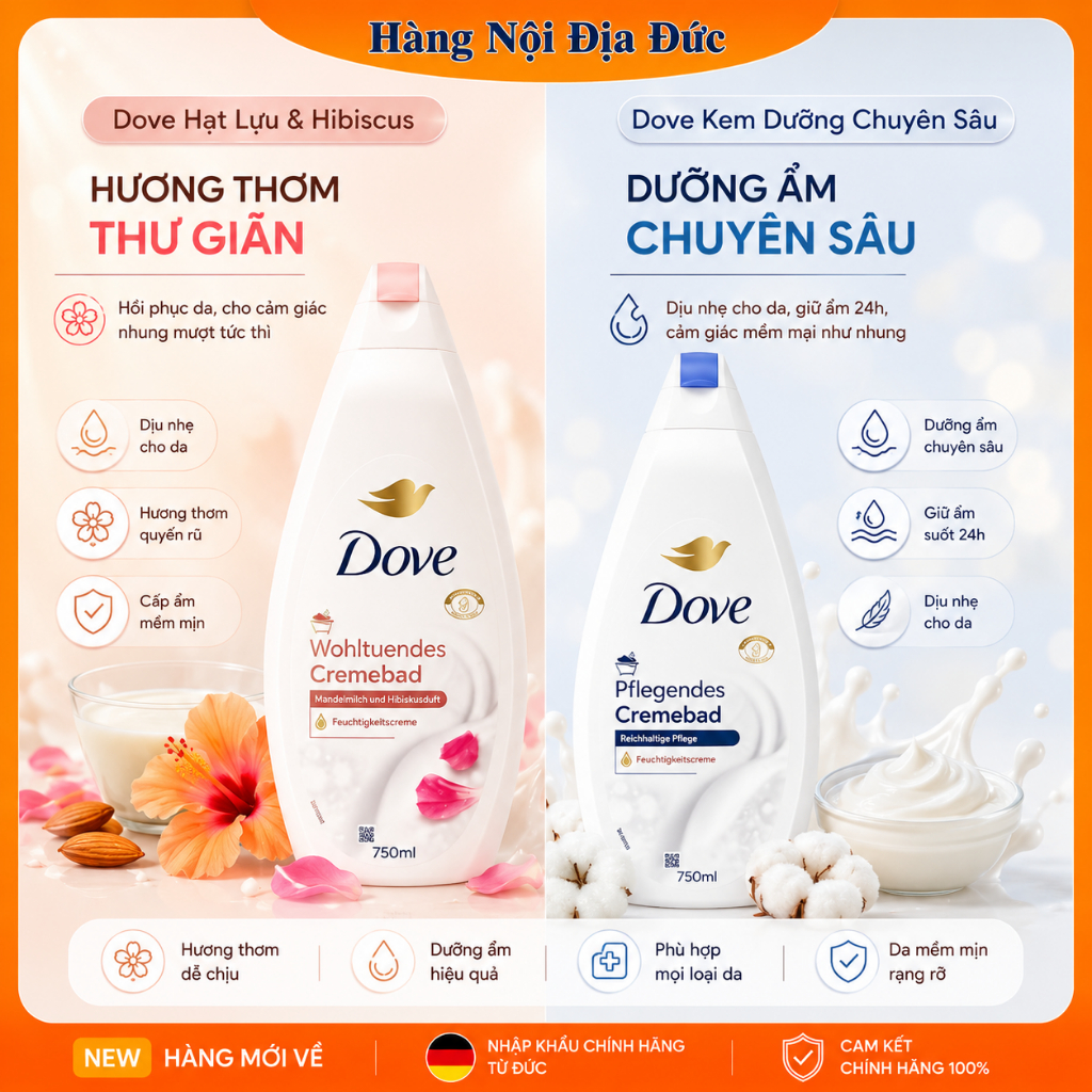 [Hàng nội địa Đức] Sữa tắm Dove 750ml hạnh nhân và hương hoa của Đức -DATE MỚI ĐỦ BILL