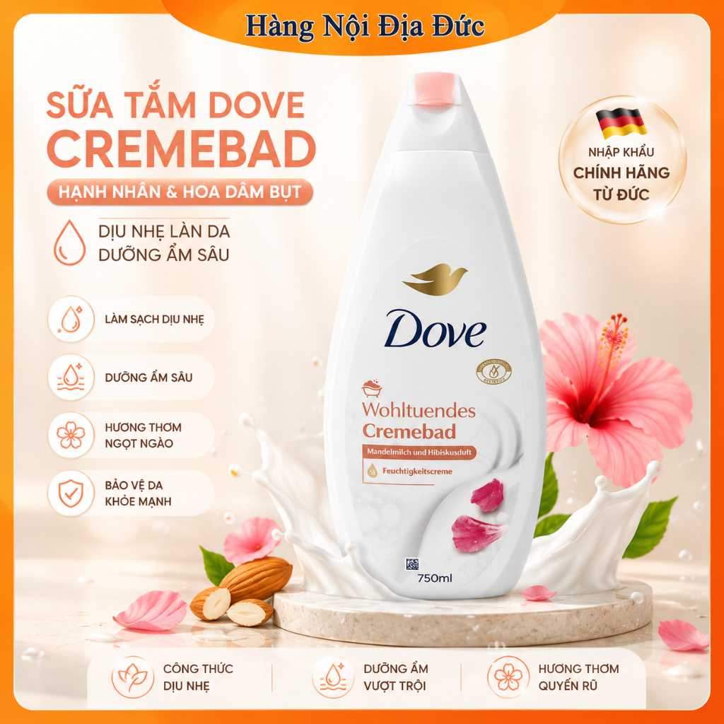 [Hàng nội địa Đức] Sữa tắm Dove 750ml hạnh nhân và hương hoa của Đức -DATE MỚI ĐỦ BILL