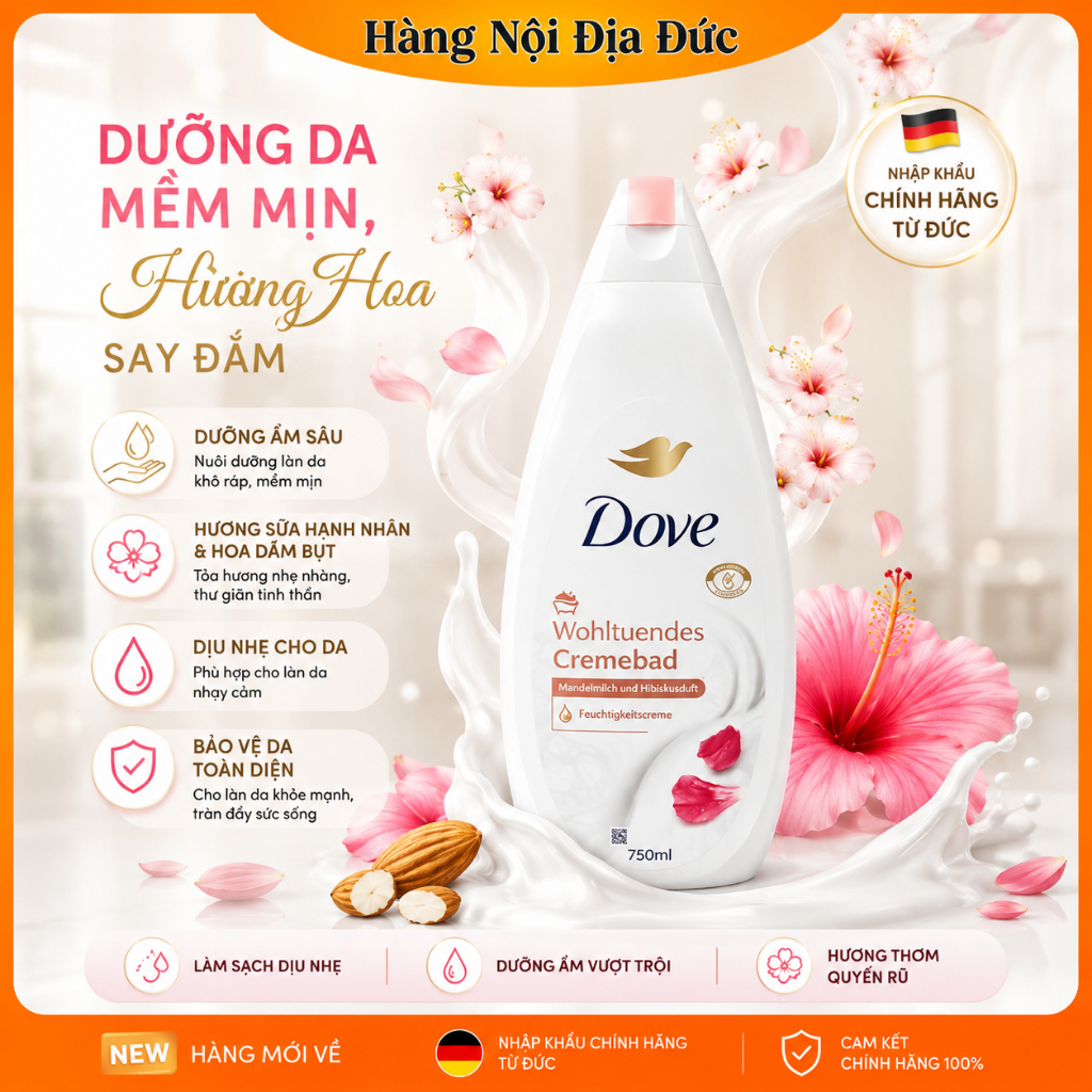 [Hàng nội địa Đức] Sữa tắm Dove 750ml hạnh nhân và hương hoa của Đức -DATE MỚI ĐỦ BILL