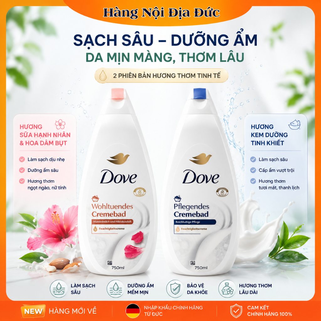 [Hàng nội địa Đức] Sữa tắm Dove 750ml hạnh nhân và hương hoa của Đức -DATE MỚI ĐỦ BILL