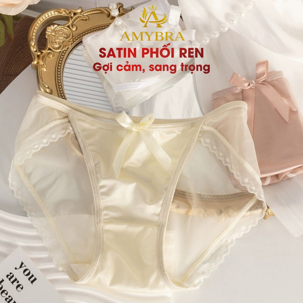 Quần Lót Nữ Ren Phối Lụa Gợi Cảm Thiết Kế Nơ Ngọc Trai - Quần Chip Nữ Cao Cấp Mềm Mịn AMYBRA L8836