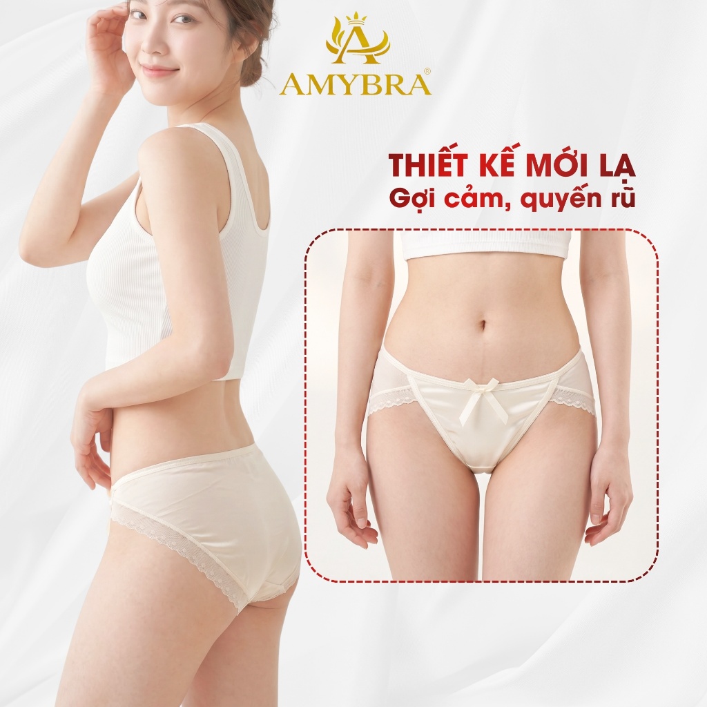 Quần Lót Nữ Ren Phối Lụa Gợi Cảm Thiết Kế Nơ Ngọc Trai - Quần Chip Nữ Cao Cấp Mềm Mịn AMYBRA L8836