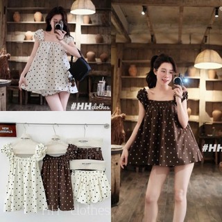 Set Bộ Đồ Nữ Chấm Bi Áo Dây Nhún Chun Bèo Vai Mix Quần Váy Bí Phồng 2 Lớp