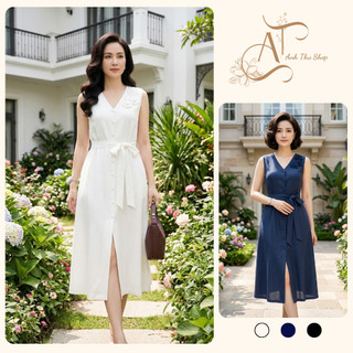 Đầm Suông Nữ Cổ Tim Thắt Eo Dáng Dài Thanh Lịch Trung Niên Cao Cấp, Váy Đi Làm Đi Tiệc Sang Trọng -  Anh Thư Shop (AT51)